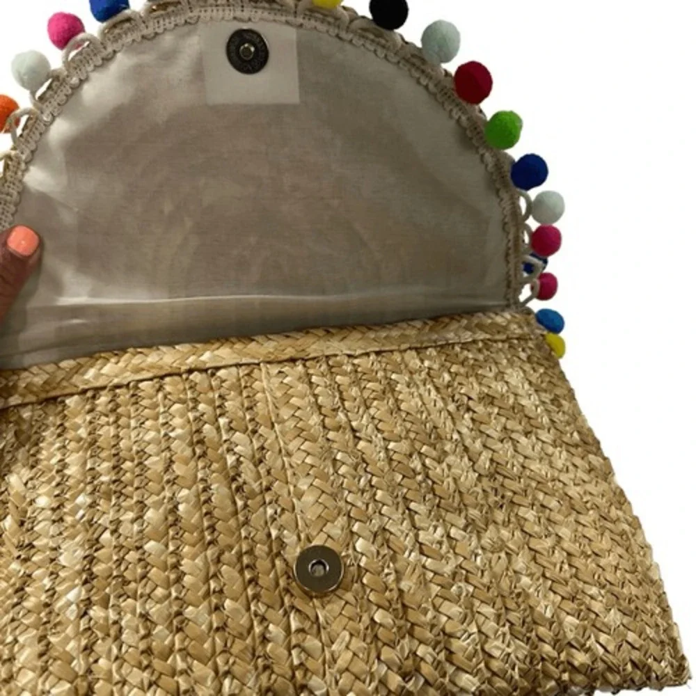 Shiraleah Chicago Natural Pom Pom Woven Straw Summer Clutch